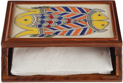 VarEesha 1 Compartments Wooden Madhubani Napkin Holder in Teak Wood/ Tissue Box(Multicolor)