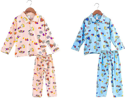Jain Trader Kids Nightwear Baby Boys & Baby Girls Printed Cotton Blend(Multicolor Pack of 2)