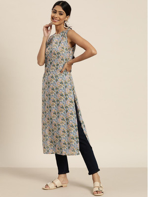 Sangria Women Floral Print Straight Kurta(Blue)