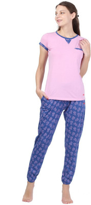 lifeofparis Women Printed Pink, Blue Night Suit Set