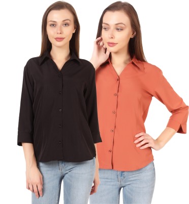 Giggles Women Solid Formal Orange Shirt(Pack of 2)