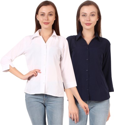 SHANAYA MODA Women Solid Casual Dark Blue, White Shirt(Pack of 2)