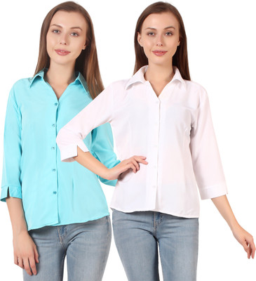 SHANAYA MODA Women Solid Casual Light Blue, White Shirt(Pack of 2)