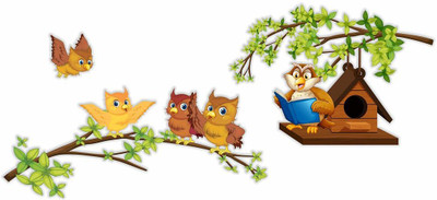 CVANU 40 cm Beautiful Sparrow Chirping Tiny House On Green Branches Wall Sticker-CV10 Self Adhesive Sticker(Pack of 1)