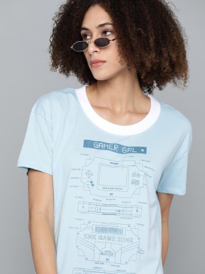 Kook N Keech Typography Women Round Neck Blue T-Shirt