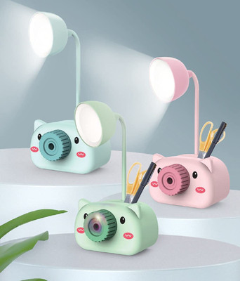 GEEKMONKEY 4in1 Camera Shaped Rechargeable Table Lamp Night Lamp Night Lamp with Pencil Sharpener Pen Stand Mobile Stand for Girls Boys, Pack of 1 Study Lamp(12 cm, Multicolor)