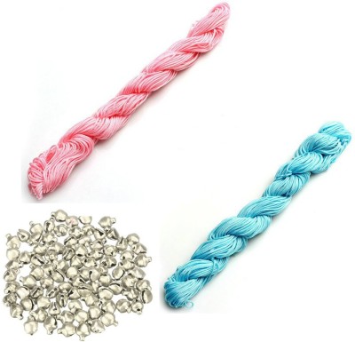 AN Sunshine Combo of jewellery findings beading Nylon Cord Thread 30 Mtr Chinese Knot Macrame Braided String Color - Baby Pink Sky Blue & 100 Silver Ghungroo / Jingle Bells