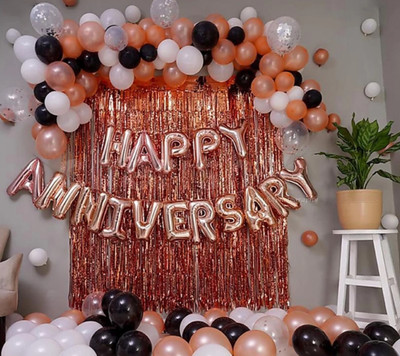 Alaina Happy Anniversary Decoration Kit 57 Pcs Combo Pack - 1 Set Happy Aniversary Foil Letters + 2 Pcs Rose Gold Fringe Curtains + 4 Pcs Silver Confetti Balloons + 50 Pcs Metallic Balloons (Rose Gold, Black & White)(Set of 57) Alaina Happy Anniversary Decoration Kit 57 Pcs Combo Pack - 1 Set Happy Aniversary Foil Letters + 2 Pcs Rose Gold Fringe Curtains + 4 Pcs Silver Confetti Balloons + 50 Pcs Metallic Balloons (Rose Gold, Black & White)(Set of 57)
