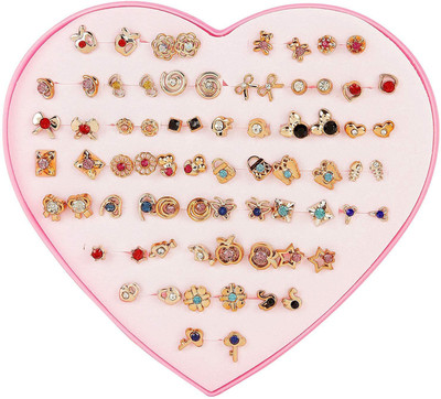 DIVINE Combo/Pack/Set of 36 Pair of Golden with Multi Colored Crystal Stud Colorful Mix Design Earring Stud Set with Heart Box for Baby Girls, Women and Girls. (1 Box) Alloy Stud Earring
