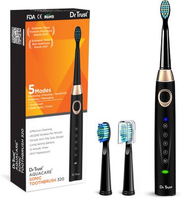 Dr Trust USA Aquacare Sonic Rechargeable Waterproof Toothbrush With 40,000 Strokes/minute | 5 Modes &amp; 2 Brush Heads with Smart 2 minutes Timer | USB Cable included | For Men &amp; Women Model 320 Electric Toothbrush  (Black)