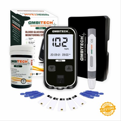 AMBITECH Elizy Blood Glucose Meter Kit with 25 strips and 25 lancets ( Made in India ) ( Life time warranty) Glucometer(Black)