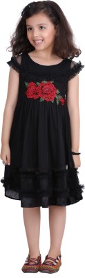 FIRST ARRIVAL Girls Midi/Knee Length Casual Dress(Black, Short Sleeve)