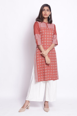 W Women Geometric Print Straight Kurta(Orange)