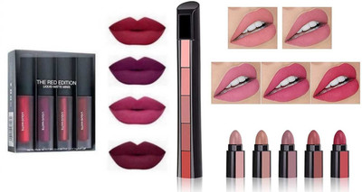 BUJANA'S 4 Pcs Mini Liquid Lipstick & 5 in 1 Matte Lipstick Red Edition(Black, 18 g)