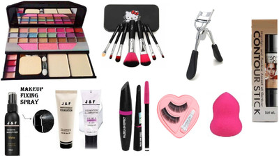 J & F 7 Pc Makeup Brush ( Pink / Black ) set With 6155 Makeup Kit , Eyelash Curler With eyelashes , 3 in 1 Combo Set , Face makeup Primer , Fixer , High Quality Foundation , 2 in 1 Contour Stick Makeup Combo With 1 Blender Puff(Pack of 10)