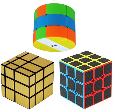 Authfort 3x3 Gold Mirror Stickered , 3 X 3 Black carbon fiber stickered Speed Cube & Cloud Series 3x3x3 Cylinder High Speed Stickerless Cube Combo pack of 3(3 Pieces)
