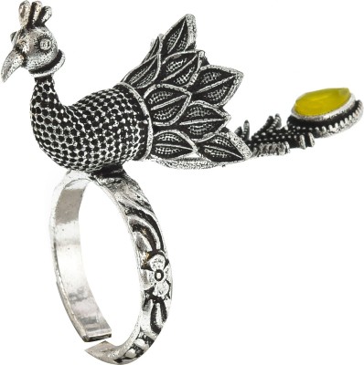 YUVI CREATIONS Peacock Adjustable Ring for Women's Metal Rhodium Plated Ring