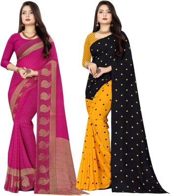 Anand Sarees Printed Daily Wear Georgette Saree(Pack of 2, Purple, Black, Yellow)