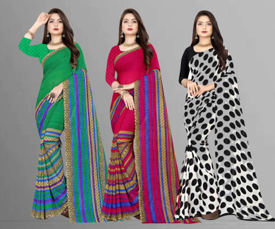 Anand Sarees Printed Daily Wear Georgette Saree(Pack of 3, Green, Pink, Black)