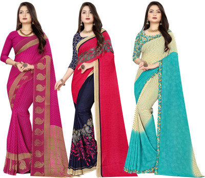 kashvi sarees Printed Daily Wear Georgette Saree(Pack of 3, Multicolor, Blue, Pink)