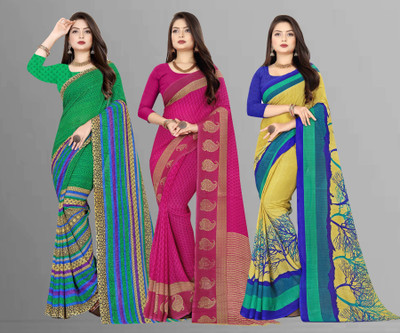 kashvi sarees Printed Daily Wear Georgette Saree(Pack of 3, Multicolor, Green, Pink)