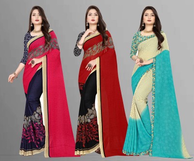 kashvi sarees Printed Daily Wear Georgette Saree(Pack of 3, Light Blue, Red, Blue, Pink, Black, Cream)