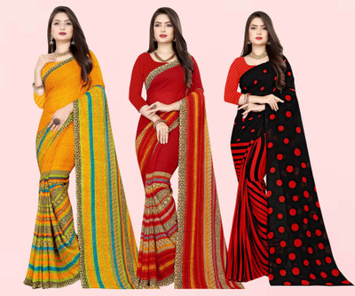 Anand Sarees Printed Daily Wear Georgette Saree(Pack of 3, Red, Black, Yellow)