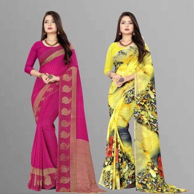 Anand Sarees Printed Daily Wear Georgette Saree(Pack of 2, Purple, Yellow)