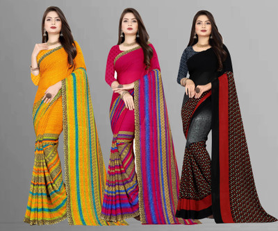 kashvi sarees Printed Daily Wear Georgette Saree(Pack of 3, Pink, Black, Grey, Yellow)