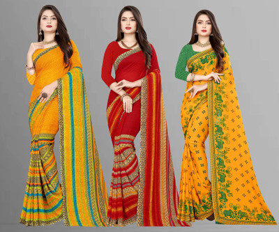 kashvi sarees Printed Daily Wear Georgette Saree(Pack of 3, Red, Green, Yellow)