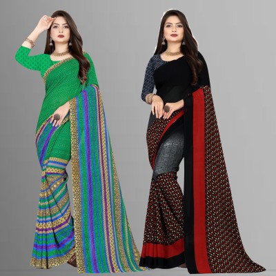 Anand Sarees Printed Daily Wear Georgette Saree(Pack of 2, Green, Black, Grey)