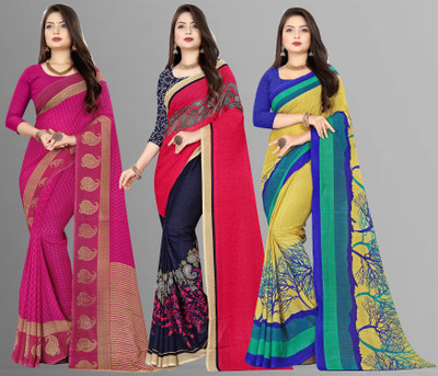 Anand Sarees Printed Daily Wear Georgette Saree(Pack of 3, Green, Blue, Pink)