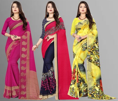 Anand Sarees Printed Daily Wear Georgette Saree(Pack of 3, Blue, Pink, Yellow)