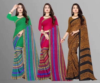 kashvi sarees Printed Daily Wear Georgette Saree(Pack of 3, Green, Pink, Black, Yellow)