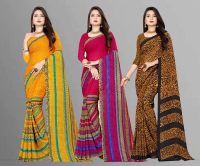 kashvi sarees Printed Daily Wear Georgette Saree(Pack of 3, Pink, Black, Yellow)