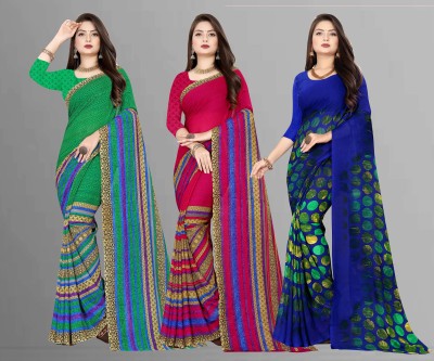 kashvi sarees Printed Daily Wear Georgette Saree(Pack of 3, Green, Blue, Pink)