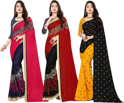Anand Sarees Printed Daily Wear Georgette Saree(Pack of 3, Red, Blue, Pink, Black, Yellow)
