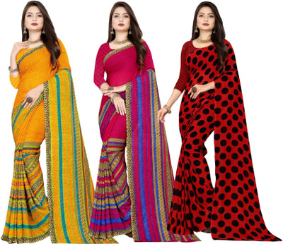 kashvi sarees Printed Daily Wear Georgette Saree(Pack of 3, Red, Pink, Black, Yellow)
