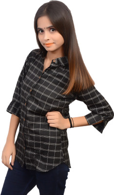 LIBSADRESSES Women Checkered Casual Black Shirt