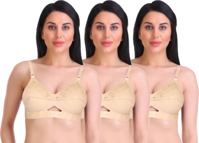 Featherline Pure Cotton Perfect Fitted Embroidered Everyday (Elastic Straps) - Sonnet Women Full Coverage Non Padded Bra(Beige)