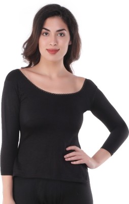 U-Light Women'S Black Warmy 3/4Th Sleeves With Deep Round Neck Thermal Top Women Top Thermal