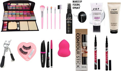 J & F 5 Pc Makeup Brush Set With Makeup Kit 6155 , Eyelash Curler With Eyelashes, 3 in 1 combo set , Blender Sponge Puff, 2 in 1 contour Stick , Face makeup primer , High Quality Foundation And Fixer , 36 Hours Gel eyeliner pack of 2 J & F 5 Pc Makeup Brush Set With Makeup Kit 6155 , Eyelash Curler With Eyelashes, 3 in 1 combo set , Blender Sponge Puff, 2 in 1 contour Stick , Face makeup primer , High Quality Foundation And Fixer , 36 Hours Gel eyeliner pack of 2