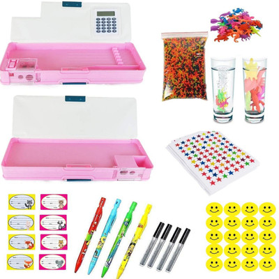 imtion Special Kit 7 in 1 ( Pencil Box with Calculator Atached + 80 Star Sticker + Water Ball +10 Growing Animals + Smile Striker 35 + 1 Mechanical Pencil + Name Slip 8 Pcs) Double Sided Open