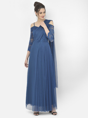 Eavan Women Fit and Flare Dark Blue Maxi/Full Length Dress