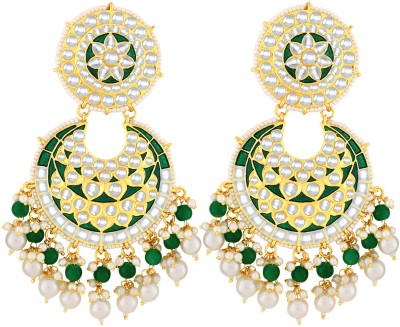 Alamod Enamel Brass Festive Green Gold Plated Kundan & Pearl Diamond, Pearl Brass Chandbali Earring