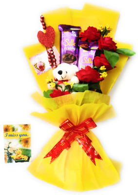 FluteRey 2 SILK DAIRY MILK + 5 RED ARTIFICIAL ROSE +1 TEDDY CHOCOLATE BOUQUET WITH I MISS U CARD + MASSAGE CARD Paper Gift Box(Yellow) FluteRey 2 SILK DAIRY MILK + 5 RED ARTIFICIAL ROSE +1 TEDDY CHOCOLATE BOUQUET WITH I MISS U CARD + MASSAGE CARD Paper Gift Box(Yellow)