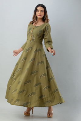 Women Click Women Floral Print Flared Kurta(Green)