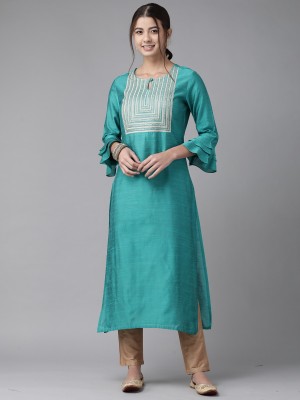 Indo Era Women Embroidered Straight Kurta(Light Green)