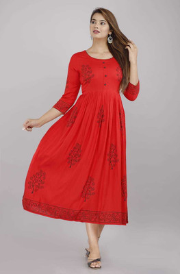 NeeraFashion Women Floral Print Anarkali Kurta(Red)
