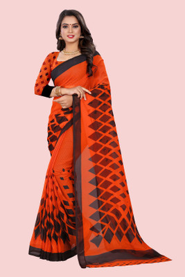 RUNAYA NX Geometric Print Bollywood Georgette Saree(Orange)